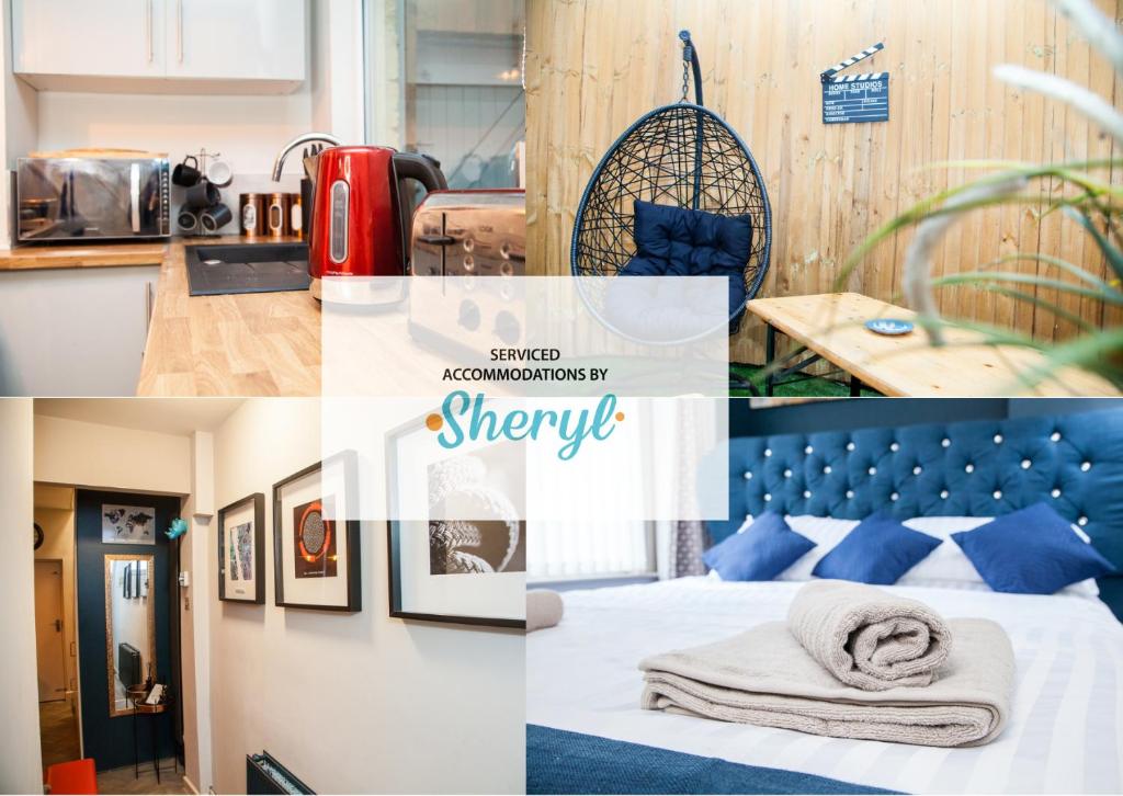 a collage of photos of a bedroom with blue pillows at Liverpool City Grandeur by Sheryl - Close to City Center, Anfield Stadium and Airport with free business super fast fibre broadband in Liverpool