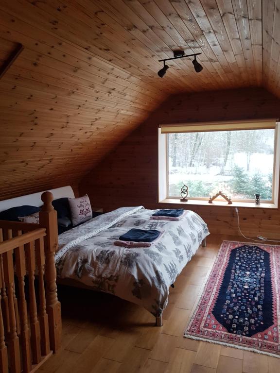 a bedroom with a bed and a window in a cabin at Čapuliši in Kandava