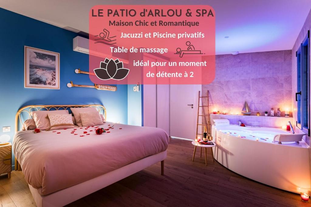 a poster of a bedroom with a bed and a tub at Le Patio d'Arlou & Spa - Relaxant et romantique in Fabrezan