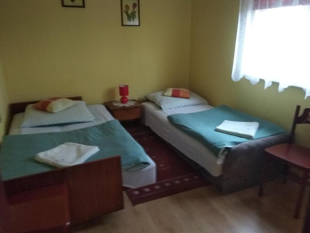2 łóżka pojedyncze w pokoju z oknem w obiekcie Agroturystyka na Łubii w mieście Miastkowo