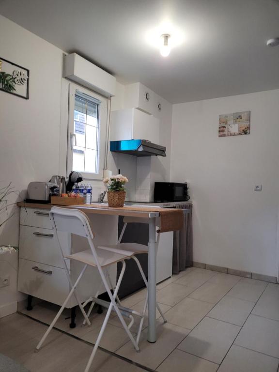 a kitchen with a table and a chair in a room at Cocooning House 204 Suite Green- Superb studio Aéroport PARIS Roissy CDG, Parc ASTERIX, Château de CHANTILLY, STADE DE FRANCE in Survilliers
