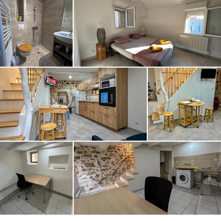 un collage de photos d'une cuisine et d'une chambre dans l'établissement Maison de Caractère rénovée avec gout pour 2 personnes, à Saint-Geniès-de-Fontedit