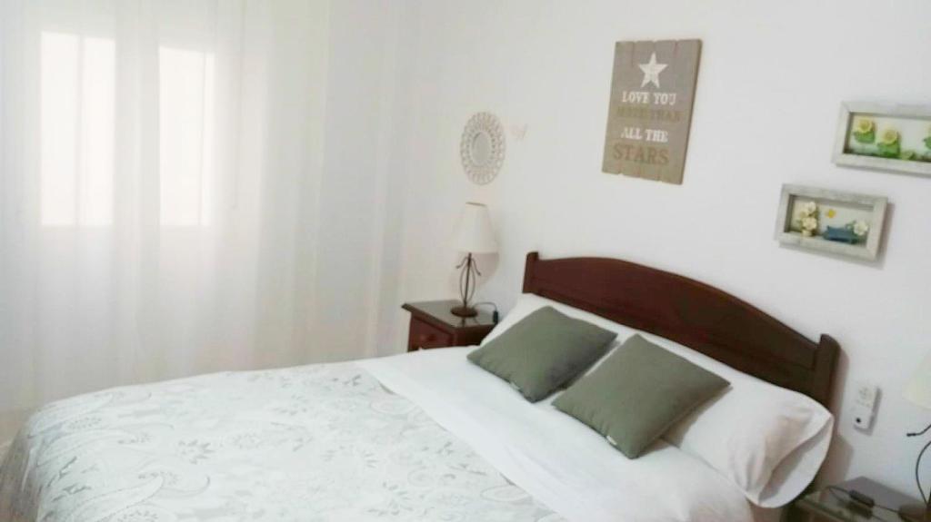 een slaapkamer met een bed met 2 groene kussens bij Acogedor apartamento JV36 in Córdoba