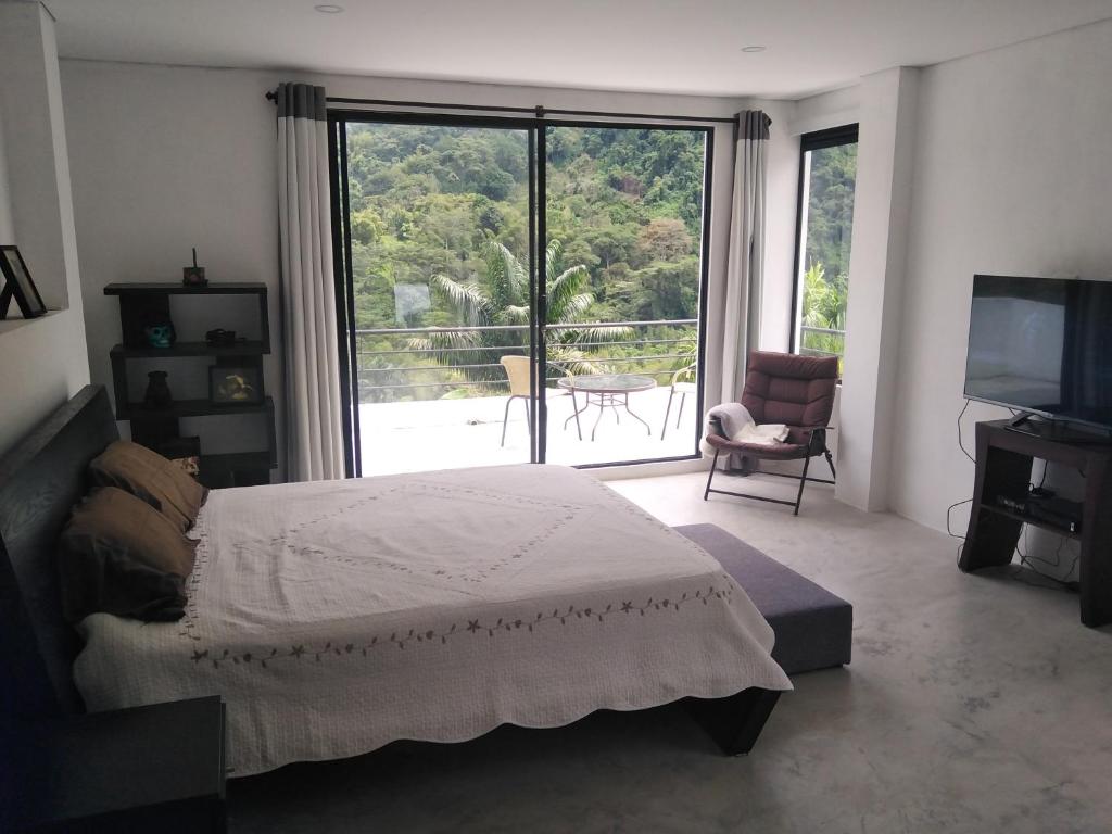 um quarto com uma cama e uma grande janela em Habitación en casa Rural Campestre em La Vega