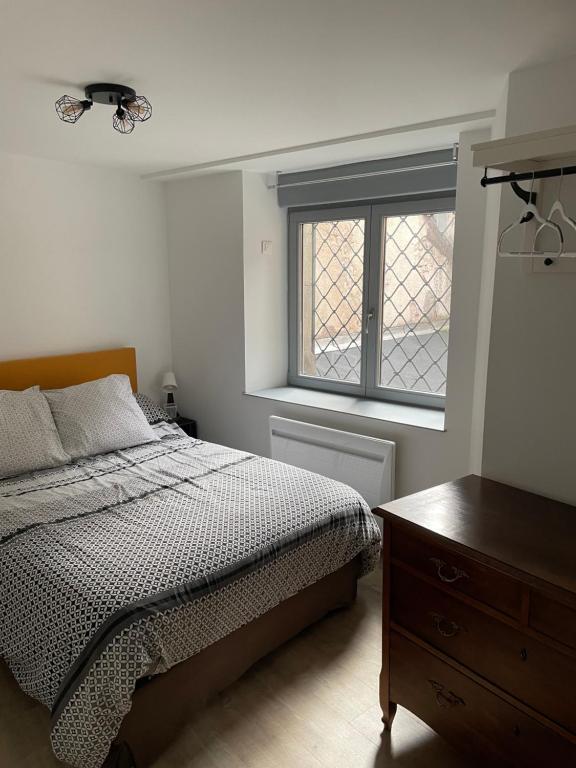 - une chambre avec un lit, une fenêtre et une commode dans l'établissement F2 Centre Historique Saint Colomban, à Luxeuil-les-Bains