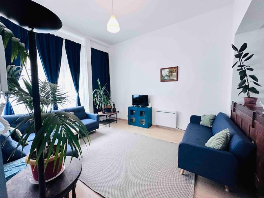 ein Wohnzimmer mit blauen Sofas und einer Pflanze in der Unterkunft Cosy appartement près du centre in Brüssel