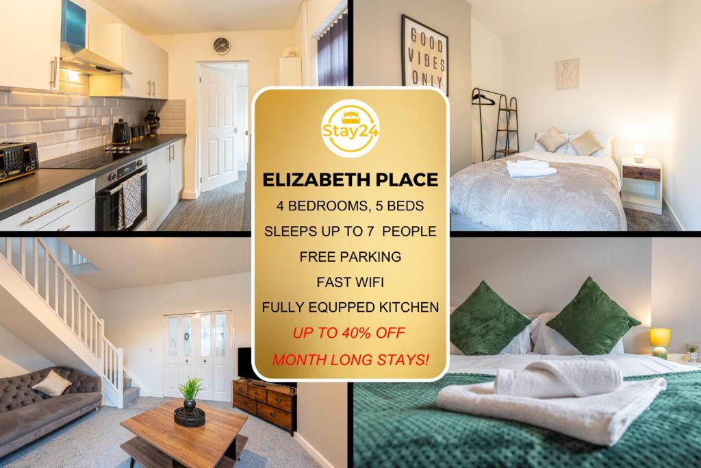 a sign for a apartment with a bed and a kitchen at Elizabeth Place in Crewe
