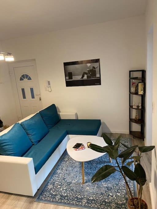 ein Wohnzimmer mit einem blauen Sofa und einem Tisch in der Unterkunft Stylische Unterkunft in Leitzkau in Gommern