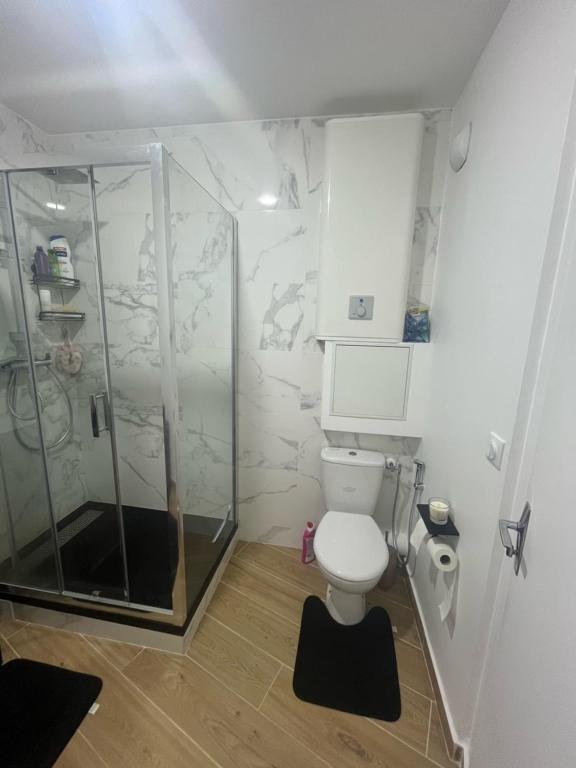 a small bathroom with a shower and a toilet at Parisian Skyline Oasis: Panoramic Elegance, Luxury at Your Doorstep in Saint-Ouen