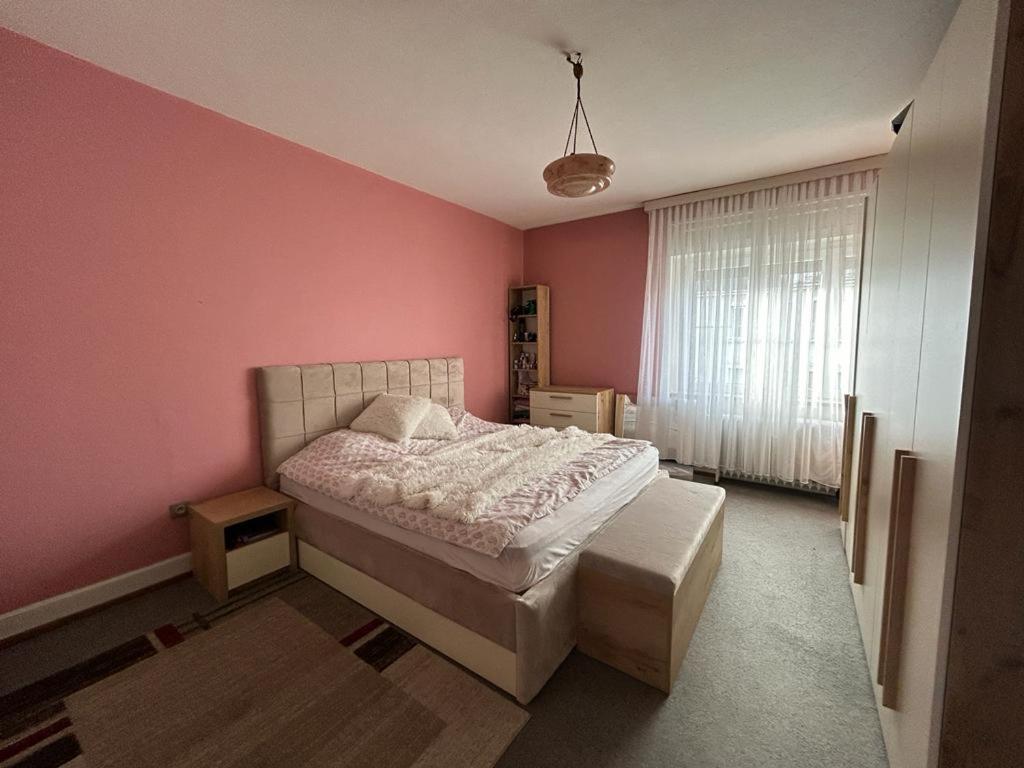 une chambre avec un lit et un mur rose dans l'établissement Logement spacieux, à Mulhouse