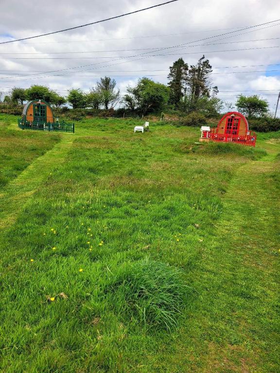 two tents in a field of green grass at Glamping Pod in St Austell Sleeps 2 with Spa Pool in Lanivet