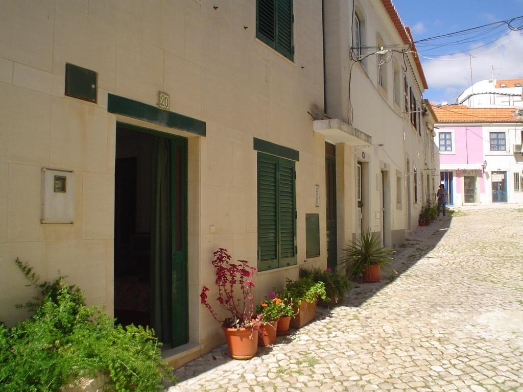 a building with green doors and potted plants on a street at Casinhas de Alfenim in Sesimbra
