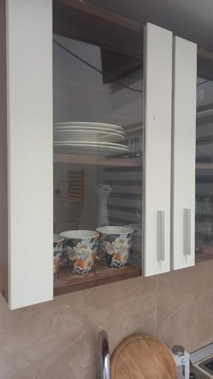 um balcão de cozinha com duas tigelas num armário em Apartma Lilijana em Ljubljana