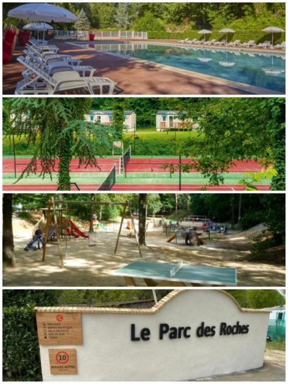 un collage de trois photos d'un parc avec une piscine dans l'établissement Mobil Home en Camping proche Paris en Ile de France, à Saint-Chéron