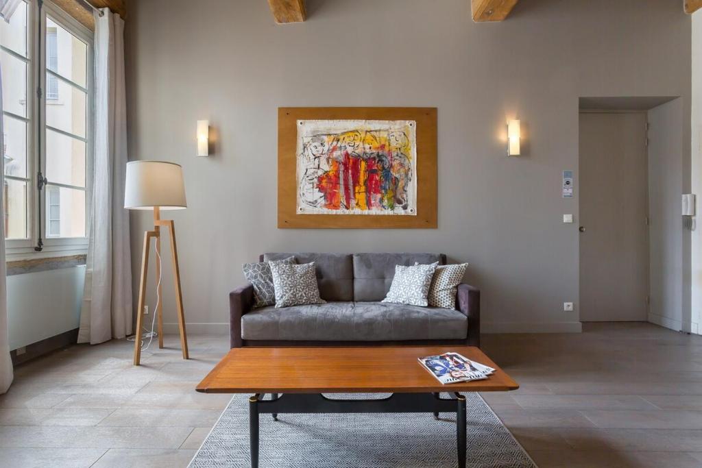 里昂的住宿－Pearl- appartement T2 sur traboule classée – calme，客厅配有沙发和桌子