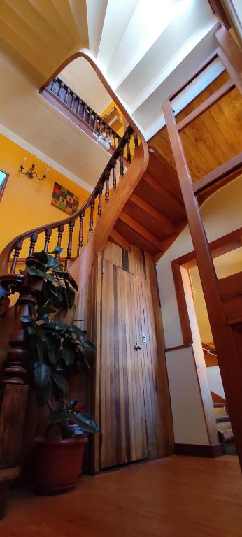 a spiral staircase in a house with a plant at Hostal Dinamarca in Valparaíso