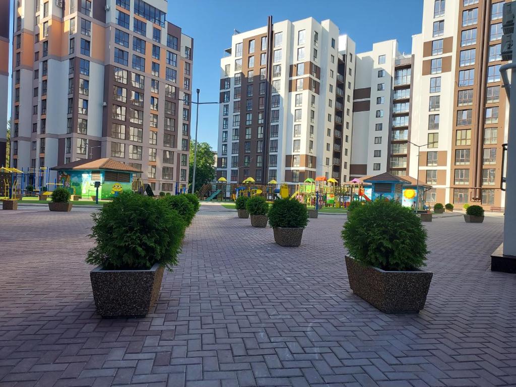 a row of potted plants in a courtyard with tall buildings at Аэропорт Апартаменты Комфорт in Chişinău
