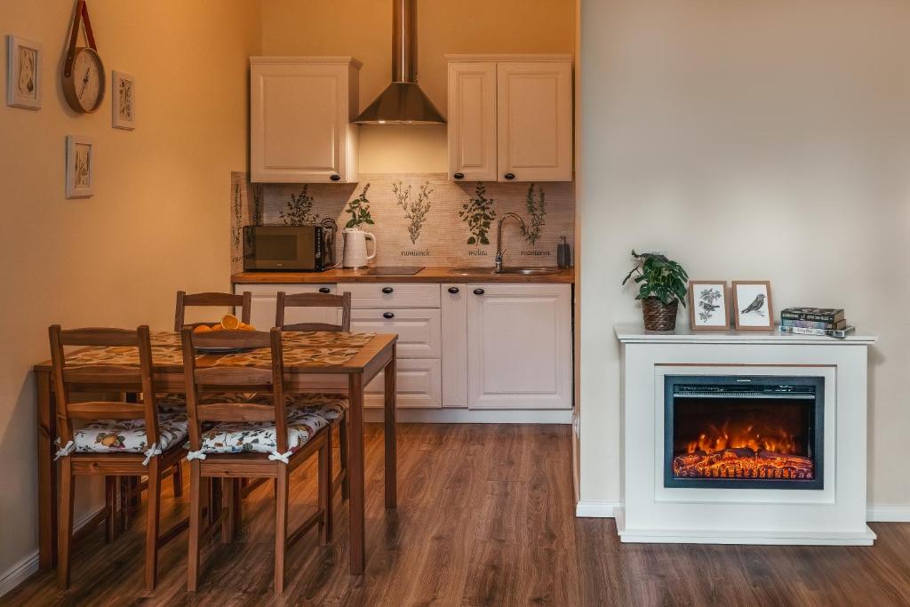 a kitchen with a table and a fireplace at Apartament 3 in Polanica-Zdrój