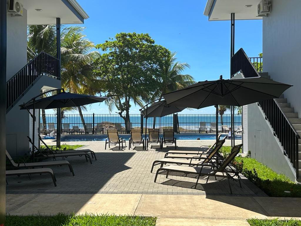 a group of chairs and umbrellas next to a pool at BigWave Costa Rica in Playa Hermosa