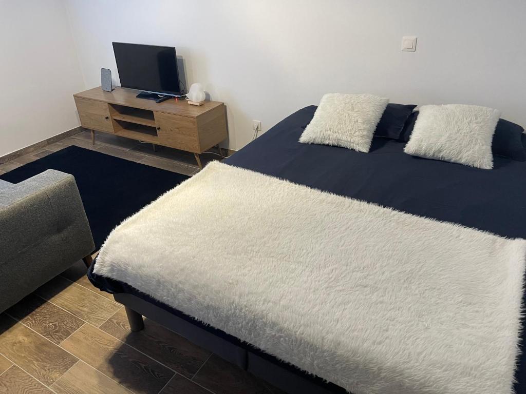 a bedroom with a bed and a dresser with a television at Studio bien situé & tout équipé dans une maison in Scionzier