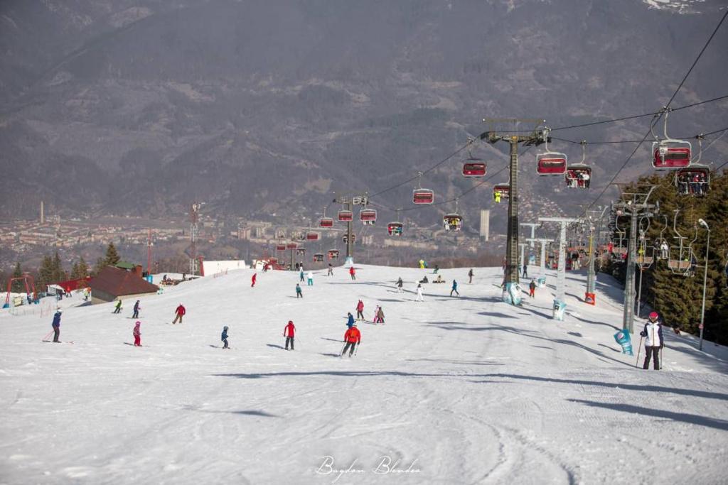a group of people skiing down a snow covered ski slope at Lily Ap in Lupeni