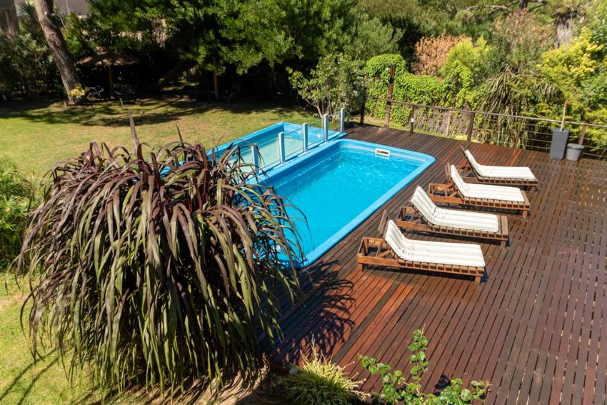 a swimming pool with lounge chairs and a palm plant at Cabañas Marjumi in Mar de las Pampas