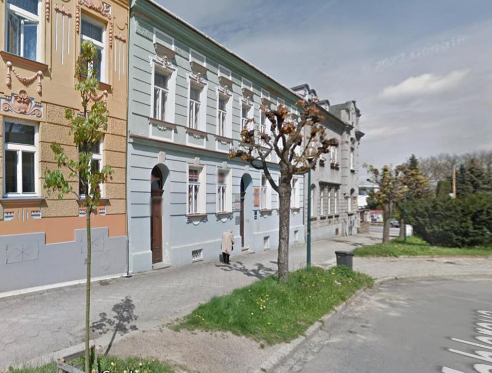 una persona caminando por una calle al lado de un edificio en Na Mahlerce, en Jihlava