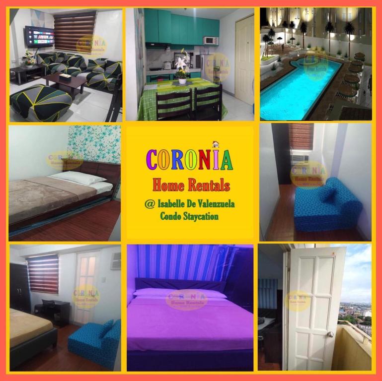 un collage de fotos de una habitación de hotel con piscina en Isabelle De Valenzuela Condo Staycation in Marulas Valenzuela en Manila