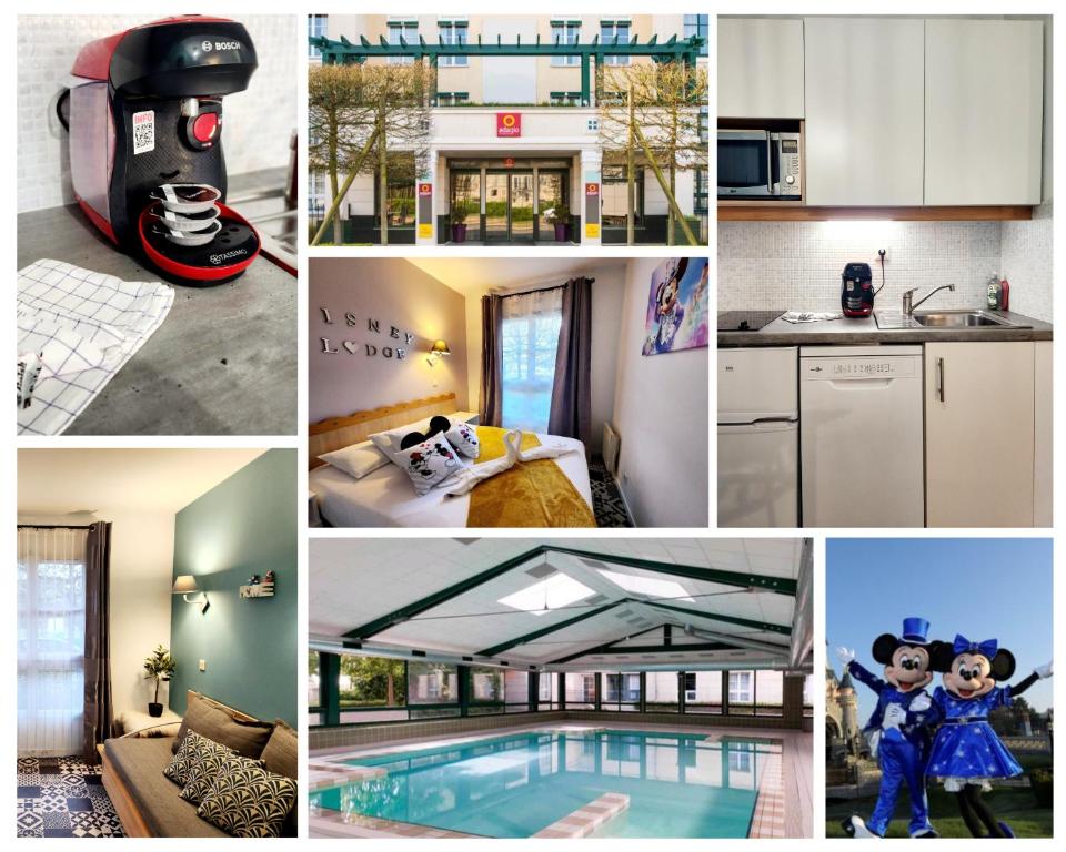 un collage de fotos de una cocina y una casa en Appartement proche Disneyland, Val d'Europe, Paris #2, en Serris