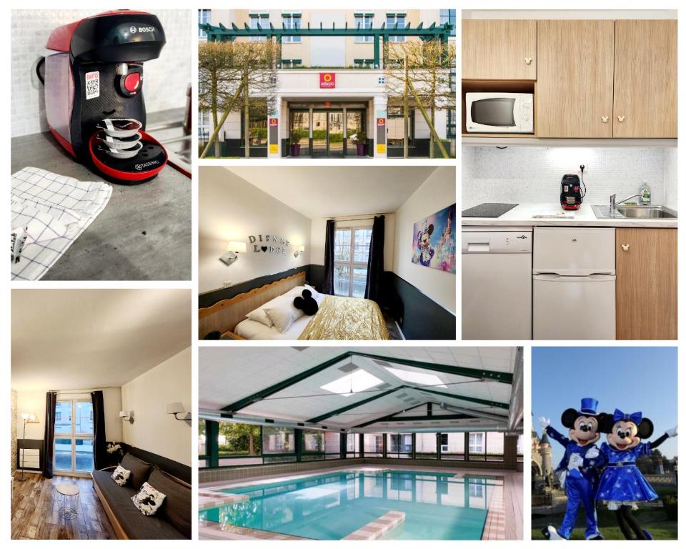 un collage de fotos de una casa con piscina en Appartement proche Disneyland, Val d'Europe, Paris #1 en Serris