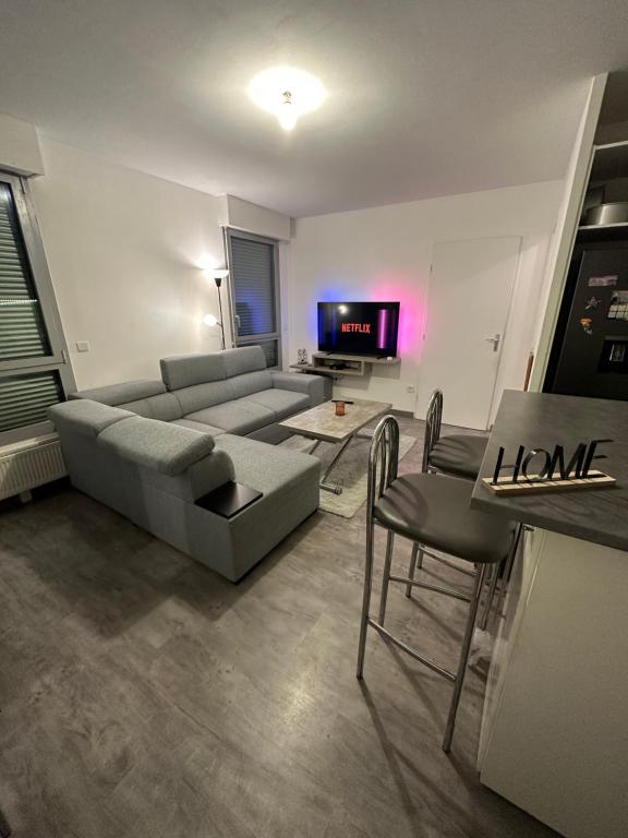a living room with a couch and a tv at Appartement proche centre Paris in Arcueil