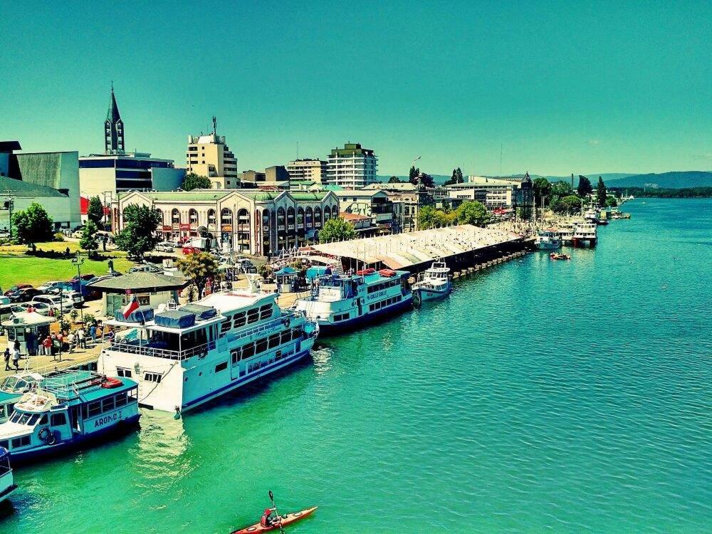 un grupo de barcos atracados en un muelle en un río en Hostal Arrayan, en Valdivia