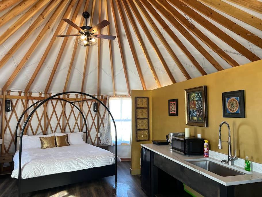 1 dormitorio con ventilador de techo y cocina con 1 cama. en The Lotus Yurt at Nomad Yurts, Lake Powell, en Big Water