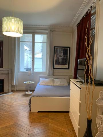 una camera con un letto e una televisione di Studio à Paris près du Pont Mirabeau et Tour Eiffel a Parigi