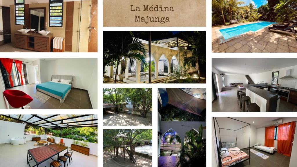 een collage van foto's van een huis en een zwembad bij La Médina Majunga in Mahajanga