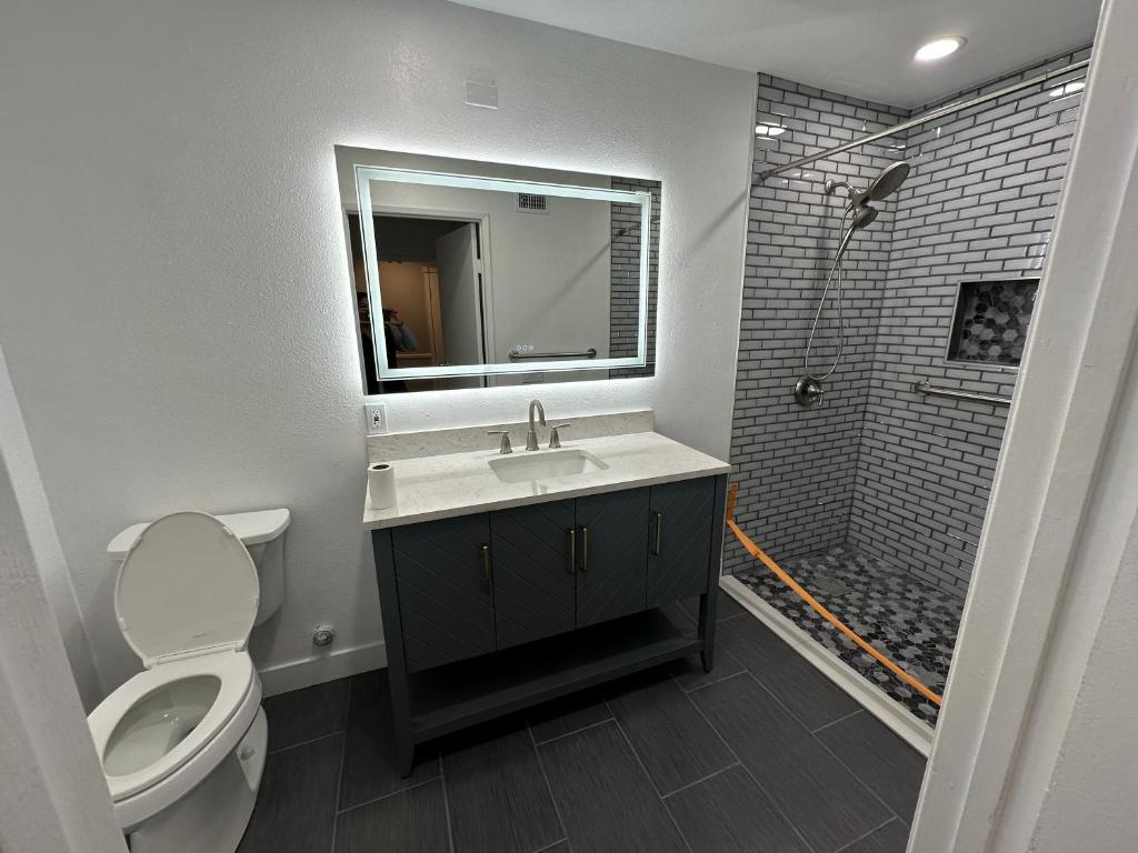 a bathroom with a toilet and a sink and a shower at Serenity Health Residential Care Home in Mission Viejo