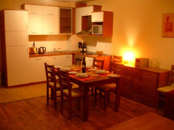 MD Alexander Services Apartments في بانسكو: مطبخ مع طاولة وكراسي في مطبخ