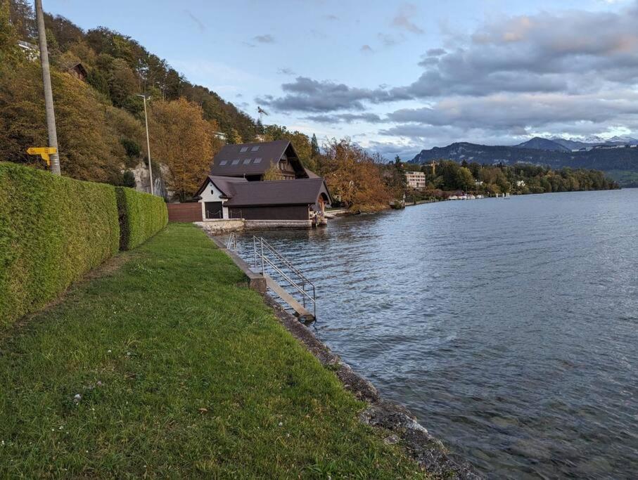 a house sitting on the side of a lake at Charming house with a lake view in Lucerne