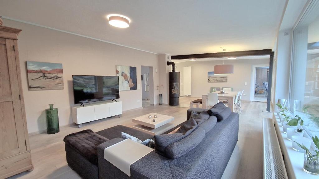 a large living room with a couch and a tv at Wohnung mit Sauna, Garten & Schwimmteich in Bietigheim-Bissingen
