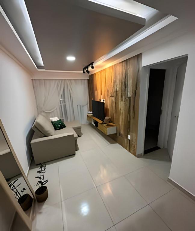 a living room with a couch and a television at aconchegante apt de 1 dormitorio in Rio de Janeiro