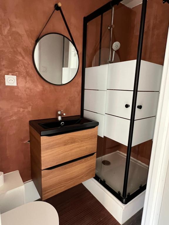 La salle de bains est pourvue d'un lavabo et d'un miroir. dans l'établissement T1 bas de villa, à Ollioules