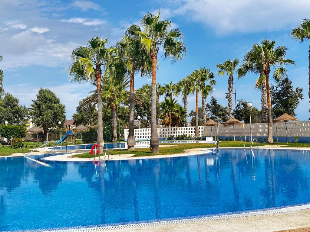 una gran piscina con palmeras y un tobogán en Luxurious Spacious Three Bedroom Apartment On Beachfront, en Almerimar