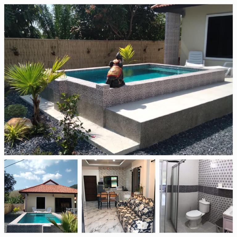 a collage of three pictures of a swimming pool at Villa Miltonia by orchids pool villas in Ko Lanta