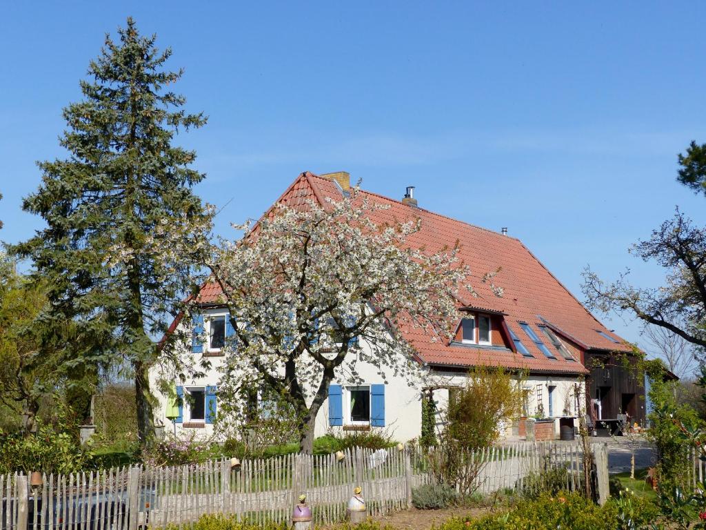 a white house with a fence and a tree at Hof Sorgenlos in Groß Gievitz