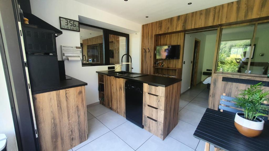 una cocina con armarios de madera y una maceta en Gîte & Spa le Clos de Mon Père, en Rochefort