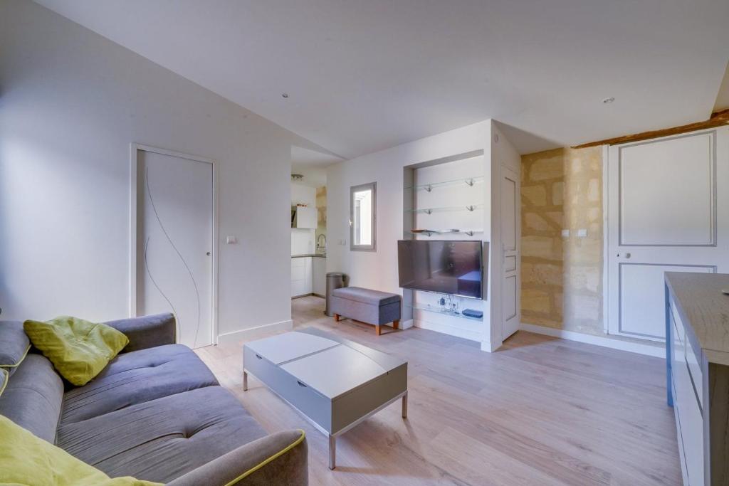 uma sala de estar com um sofá e uma televisão em Charming apartment in the heart of Bordeaux em Bordeaux
