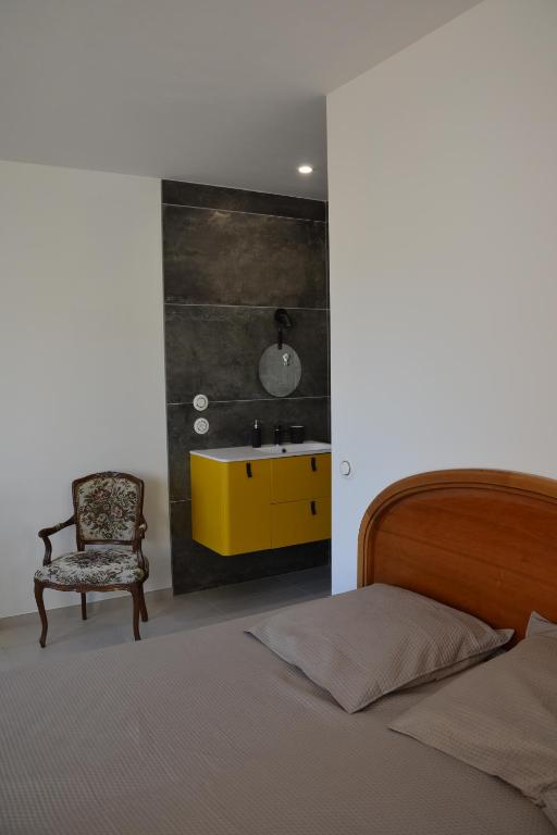 a bedroom with a bed and a sink and a chair at L'Arche de Noé in Aubenas