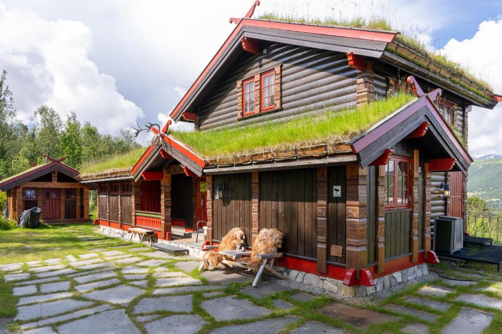 a house with a grass roof with two dogs in front at Stor og flott hytte med fantastisk utsikt in Geilo