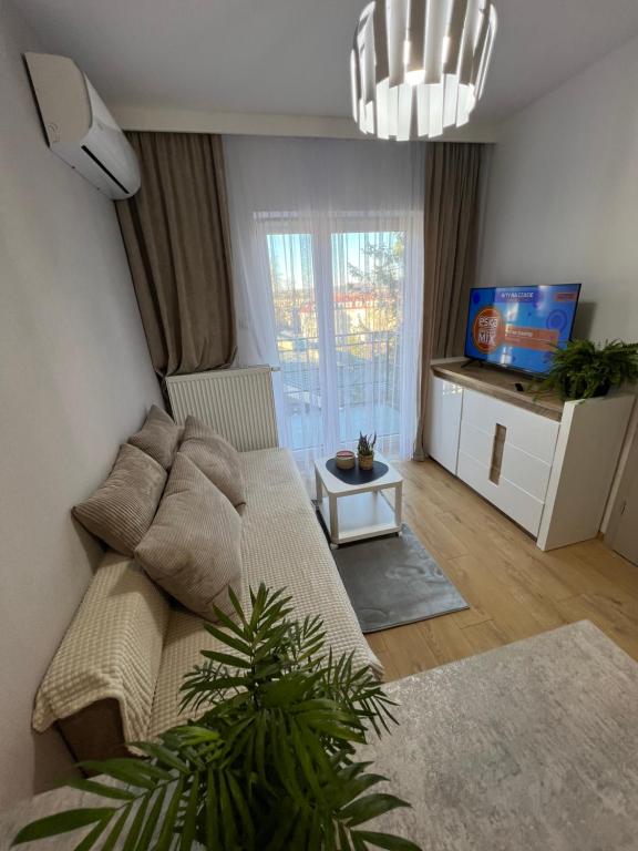 a living room with a couch and a tv at Apartament Alexa przy Zamku C in Przemyśl