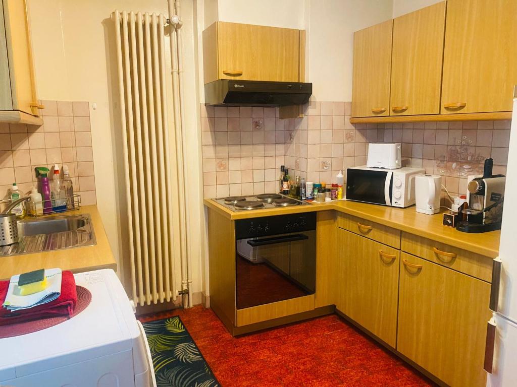 a small kitchen with a stove and a microwave at Chambre double vue lac Montreux centre in Montreux